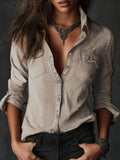 Women Clothing Casual Polo Collar Single Breasted Pocket Design Retro Long Sleeve Distressed Shirt