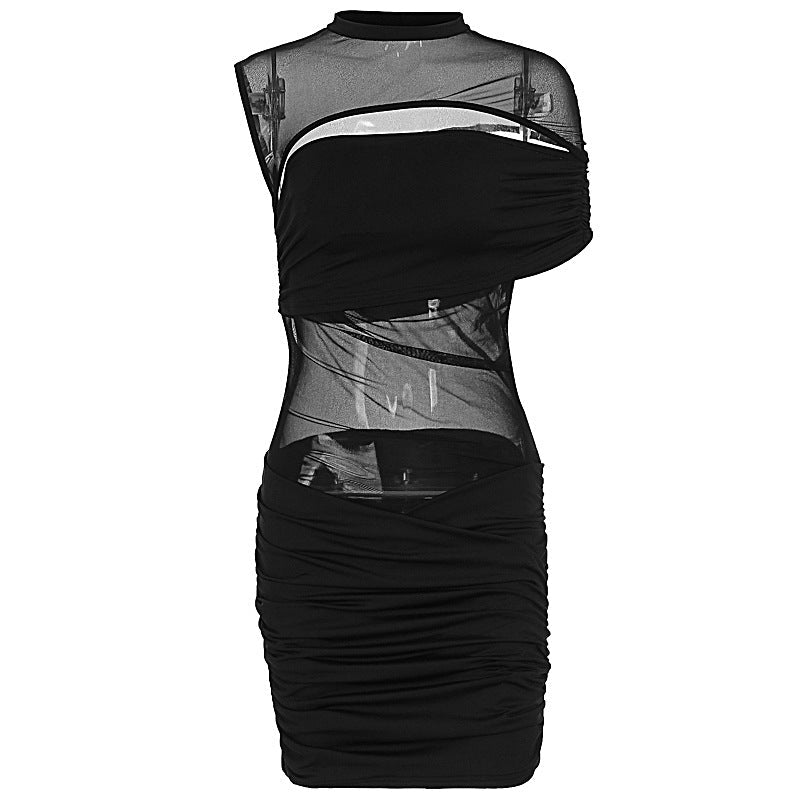 Frauen Nähen Sexy Durchsichtig Schulterärmelloses Plissiertes Hüftkleid