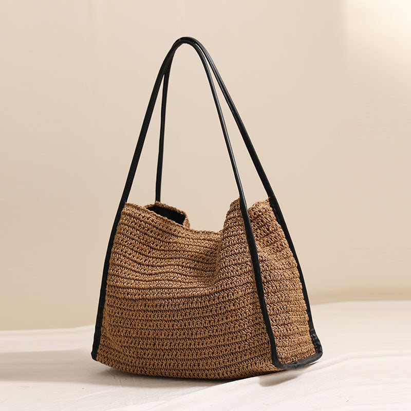 Französisch Große Kapazität Strohtasche Nische Einfarbige Strohtasche Gewebte Tasche Damen Urlaub Strandtasche Umhängetasche