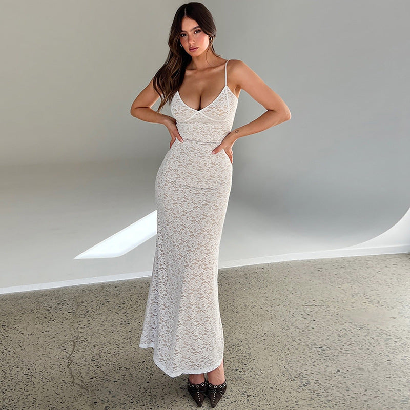 Sommer Sexy V-Ausschnitt Spitze Taille Hüfte Spaghettiträger Kleid Frauen