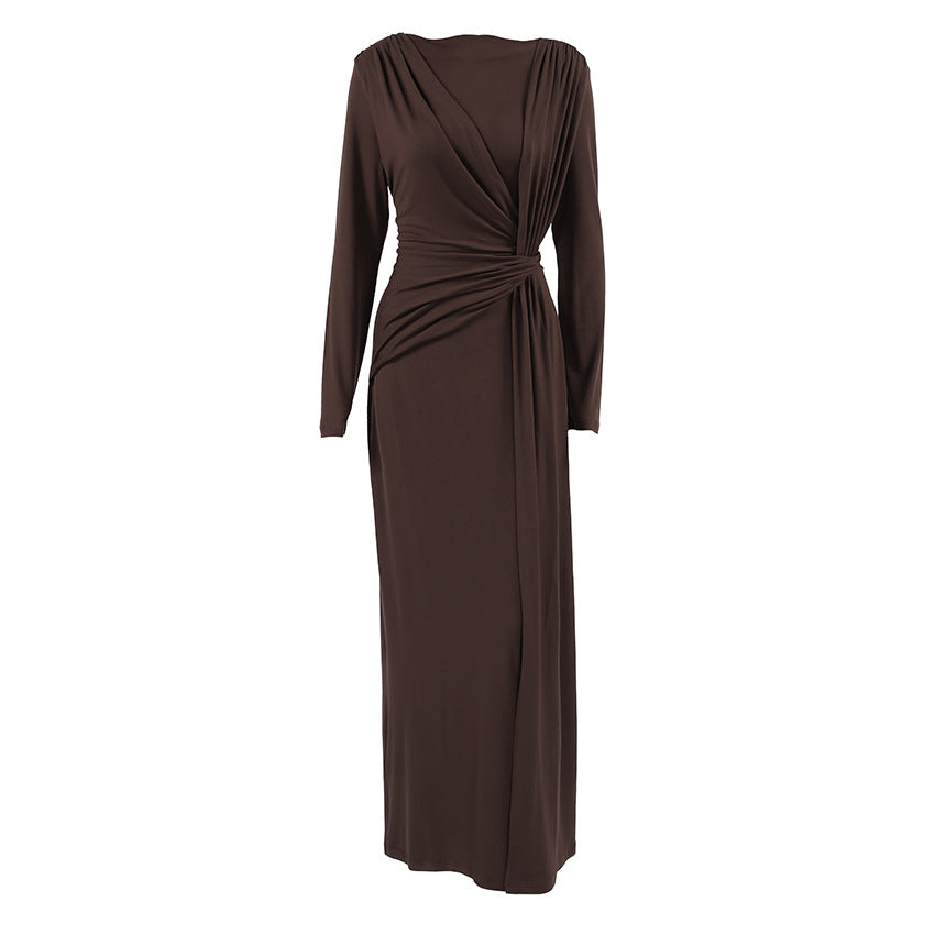 Herbst Französisch Kleid Maxikleid Damen Strukturiert Taille Schlankmachendes Abendkleid