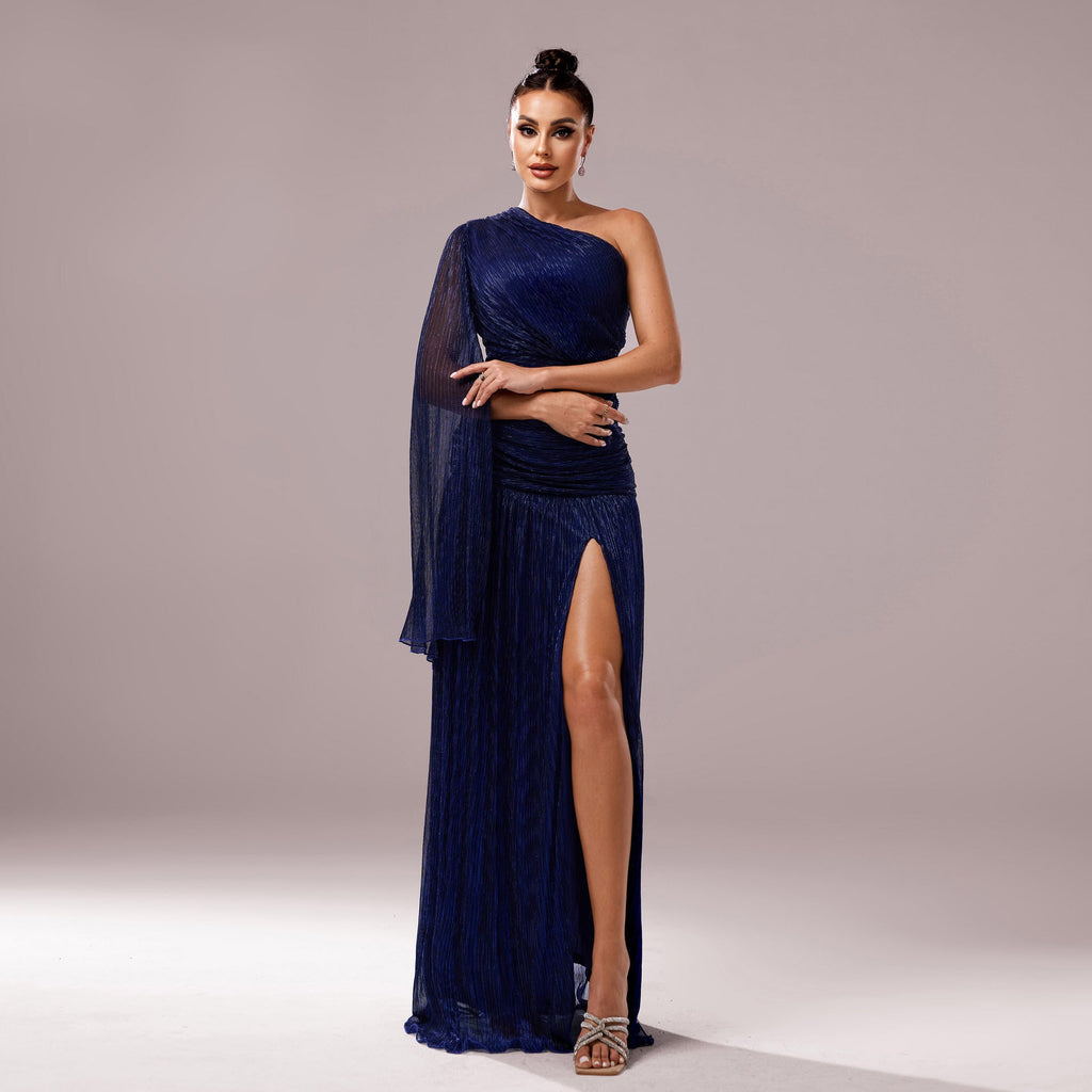 Damenbekleidung Premium One-Shoulder Kleid mit diagonalem Kragen, langen Ärmeln, schmaler Passform und Schlitz für Cocktail-Abende