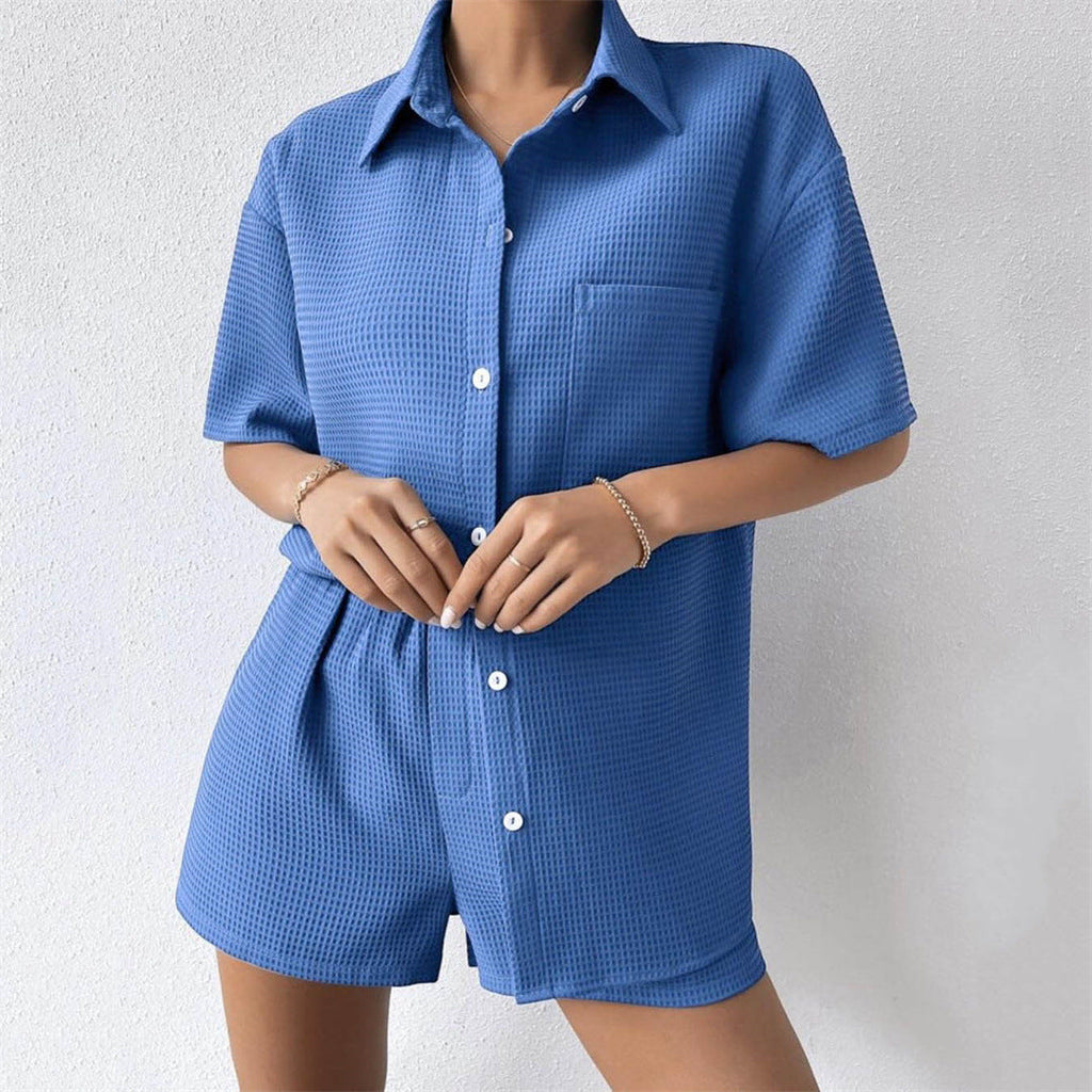 Sommer Anzug Damen Loose Casual Kurzarm Shirt Elastische Taille Shorts Zweiteiliges Set Damen