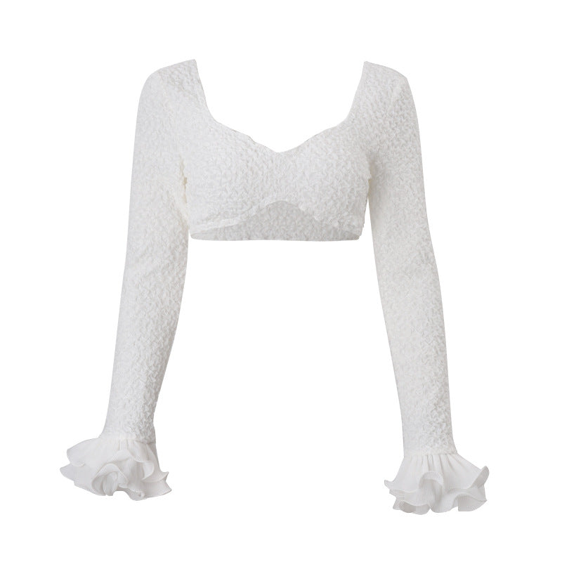 Damenbekleidung Herbst Sexy Gerafftes Wickelbrust Langarm-Top Holzohr-Rock Zweiteilige Sets