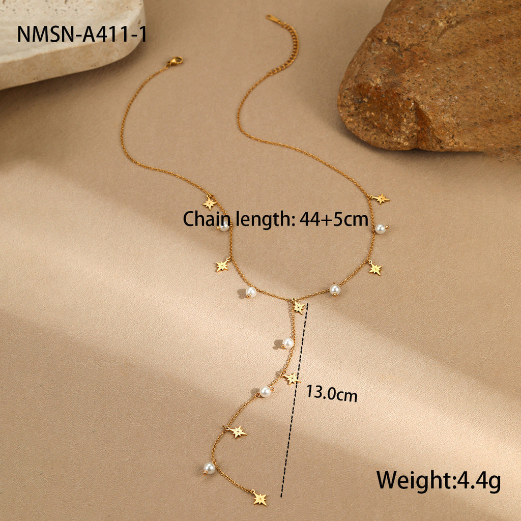Advanced Tassel Imitation Pearl Y Word Chain Necklace Stainless Steel Plated 18K Necklace