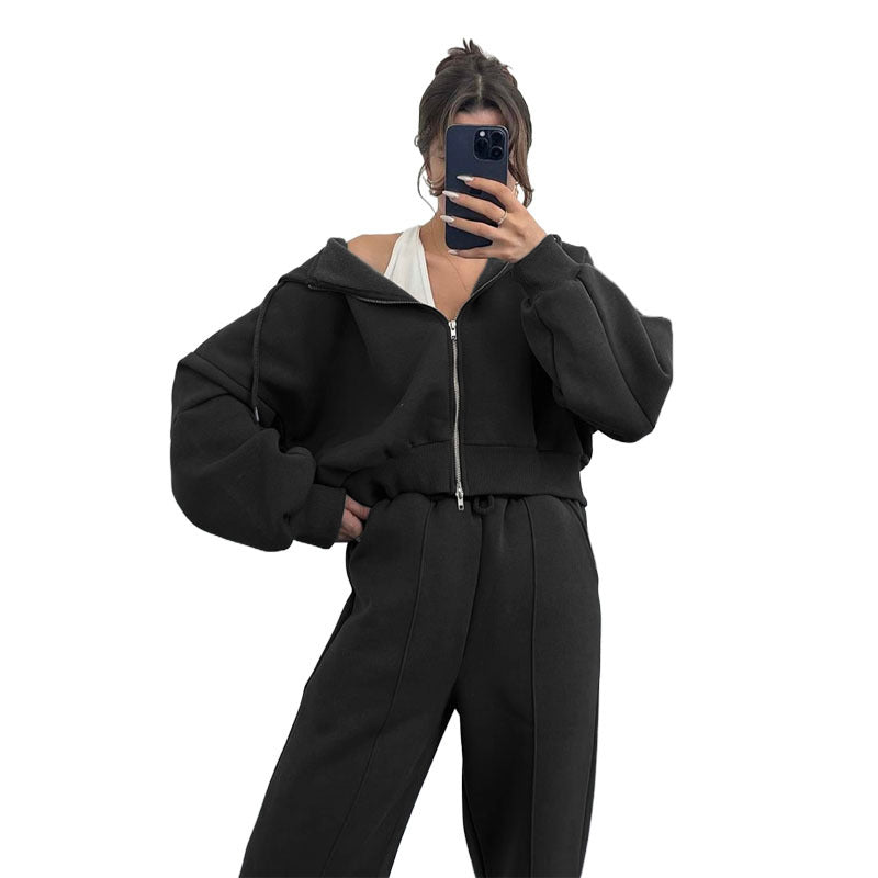 Herbst Winter Einfarbiger Kapuzen-Cardigan-Pullover Damenbekleidung Zweiteiliger Freizeit-Sweatpant-Set