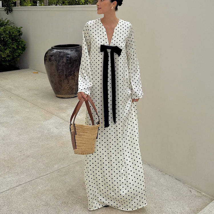 Design Schleife V-Ausschnitt Langarm Elegantes Kleid Damen Digitaldruck Polka Dot Maxikleid