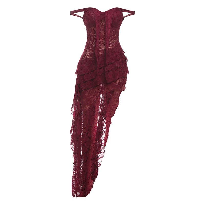 Damen Kleidung Sommer Spitze Sexy Schmal Geschnitten Gebunden Ausgehöhlt Ausgeschnitten Durchsichtig Unregelmäßig Asymmetrisch Bandeau-Kleid