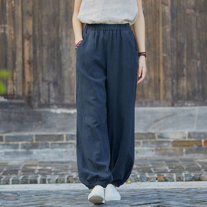 Frühjahr Sommer Baumwolle Leinen Damen Kleidung Retro Stonewashed Ramie Bambus Schnitt Freizeit Hose Damen Baumwolle Leinen Knickerbocker Yoga Hose
