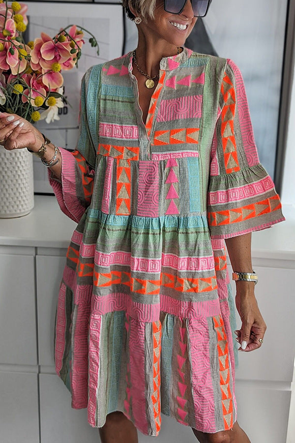 Damen Stehkragen Herbstkleid Bedrucktes V-Ausschnitt Dreiviertelarm Kleid