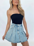 High Waist A-Linien Rock Faltenrock Lässiger Retro Jeansrock
