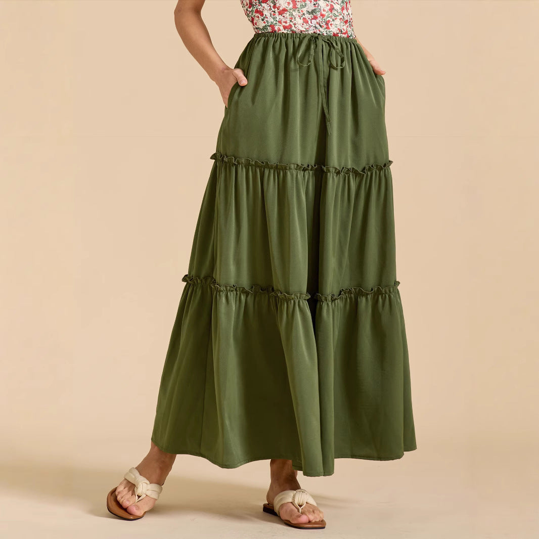 Women High Waist Elastic Pocket Long Adjustable Lace up Skirt Women