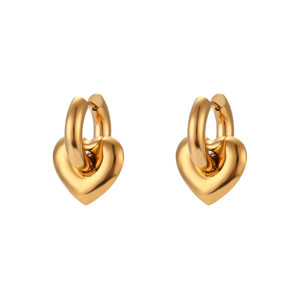 Simple Light Luxury Ear Clip Ear Hoop Jewelry Stainless Steel Gold Plated Glossy Heart Embellished Thick Earrings Accessories