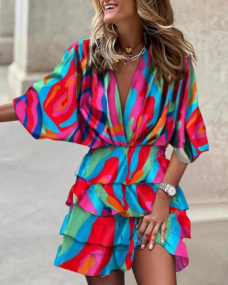 Women Batman Sleeve V Neck Irregular Hem Dress by Wanita Store