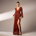 High-End Langarm Elegantes V-Ausschnitt Sexy Langes Pailletten Cocktail Abendkleid Brautjungfernkleid Kleid Damen