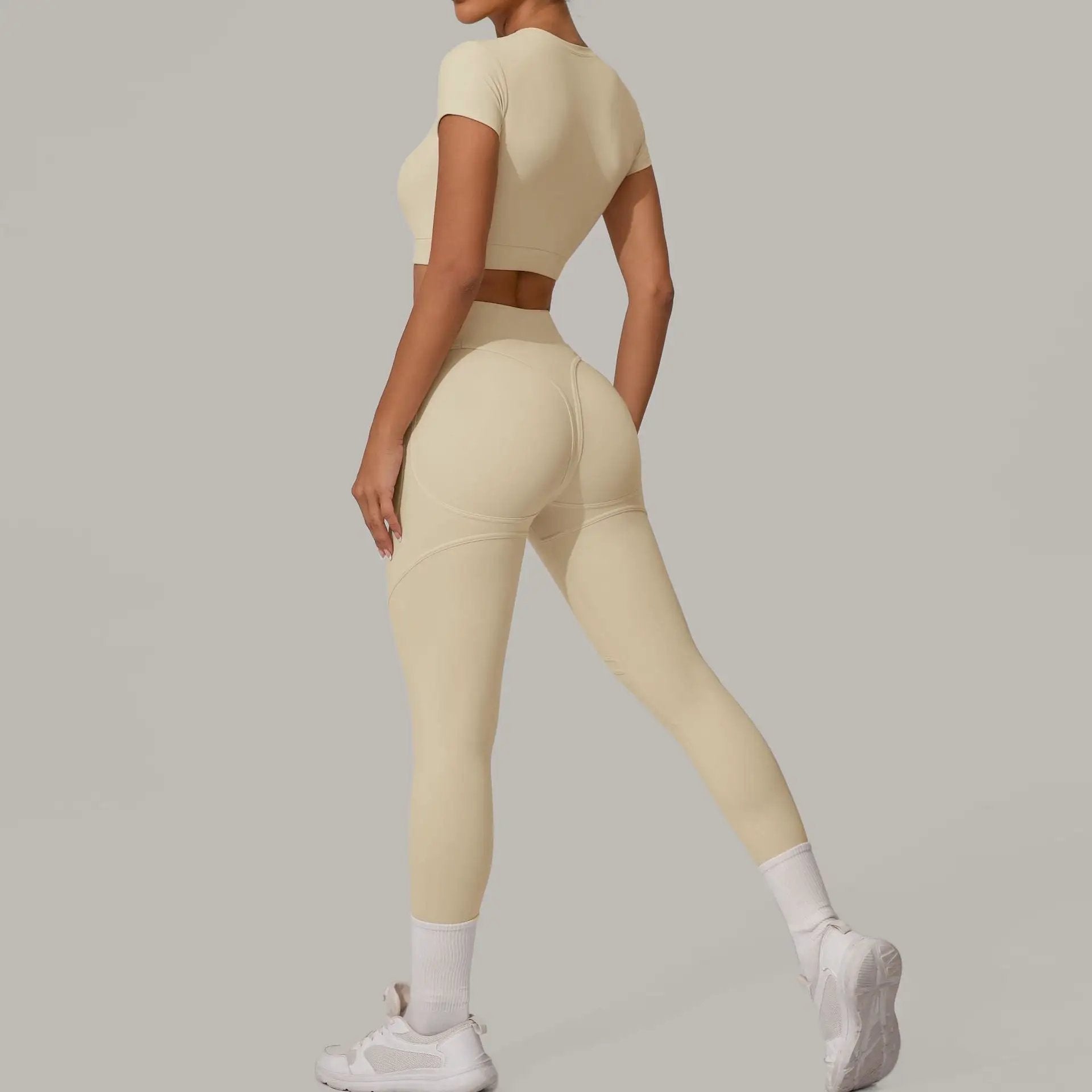 Autumn Sand Brushed Yoga Two Piece Sets Tight High Waist Hip Lifting Yoga Running Exercise Workout Outfit by Wanita Store