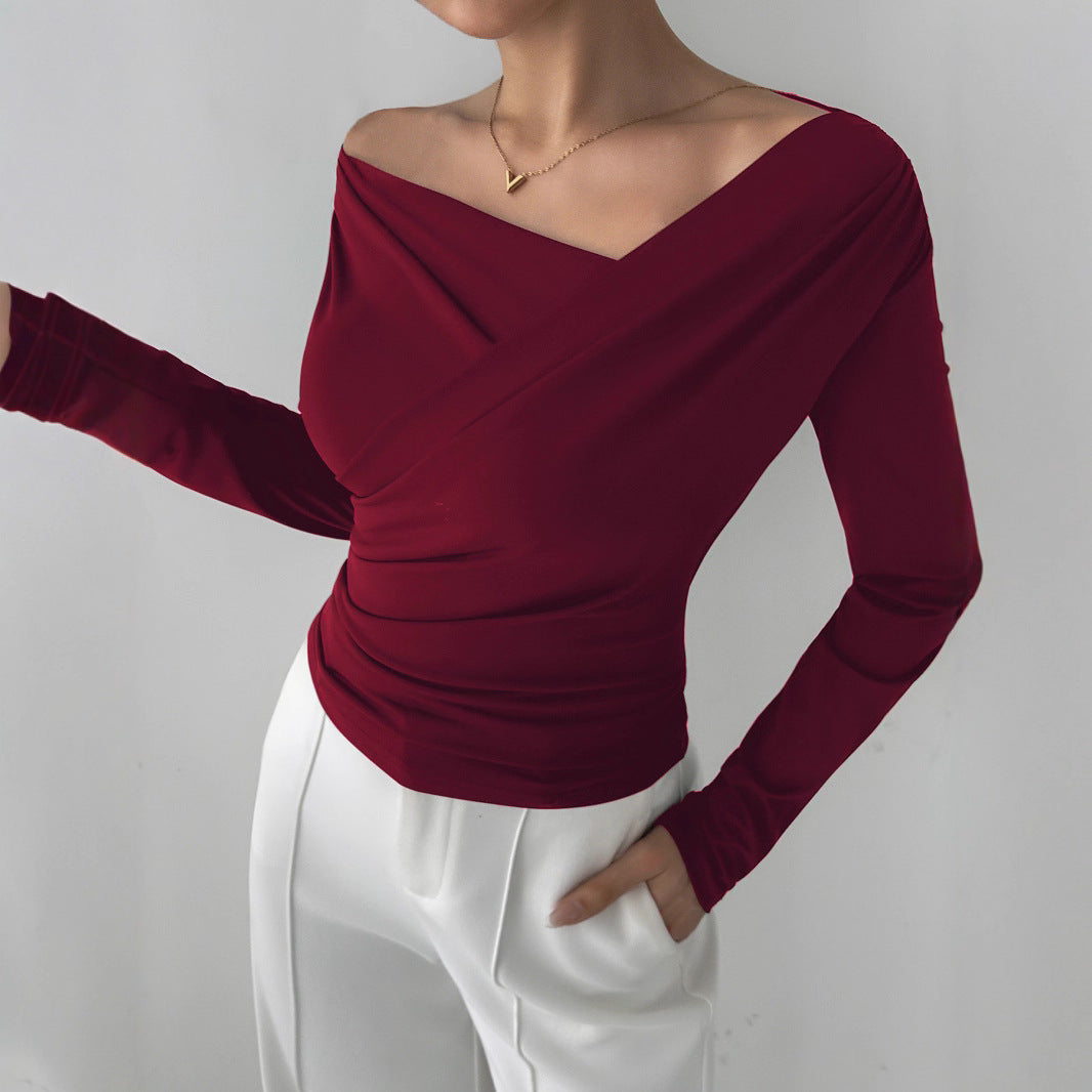 Herbst Winter Einfarbiger Schulterkragen Schulterfrei Slimming Langarm All-Match Office Oberteil