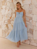 Women Clothing Sleeveless Splicing Sling Long Backless Lace up Large Swing Dress