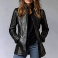 Damen Leder Stehkragen Langarm Distressed Trendige Gothic Kunstlederjacke