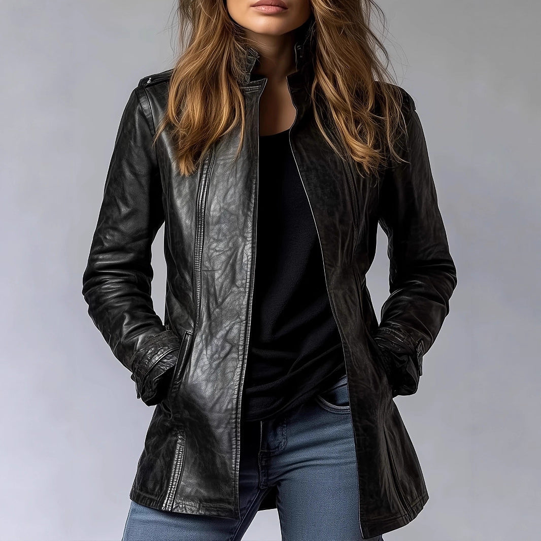 Damen Leder Stehkragen Langarm Distressed Trendige Gothic Kunstlederjacke