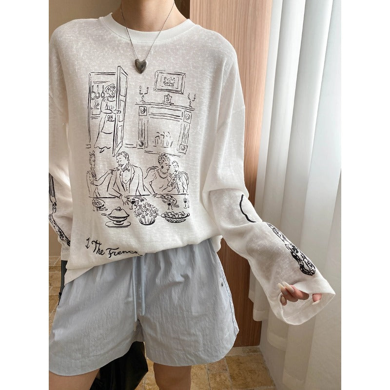 Idle Fun Cartoon Graffiti Buchstaben Grafikdruck Rundhals Langarm lockeres T-Shirt