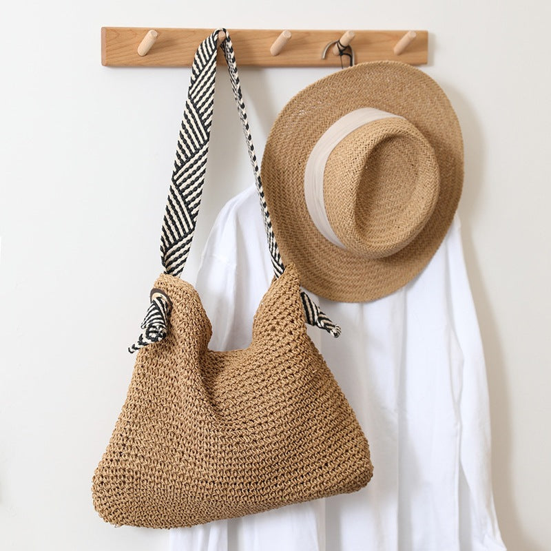 Dunkelblaue Strohtasche, handgefertigte Umhängetasche, gewebte Tasche, Damentasche, Urlaub, Strandtasche