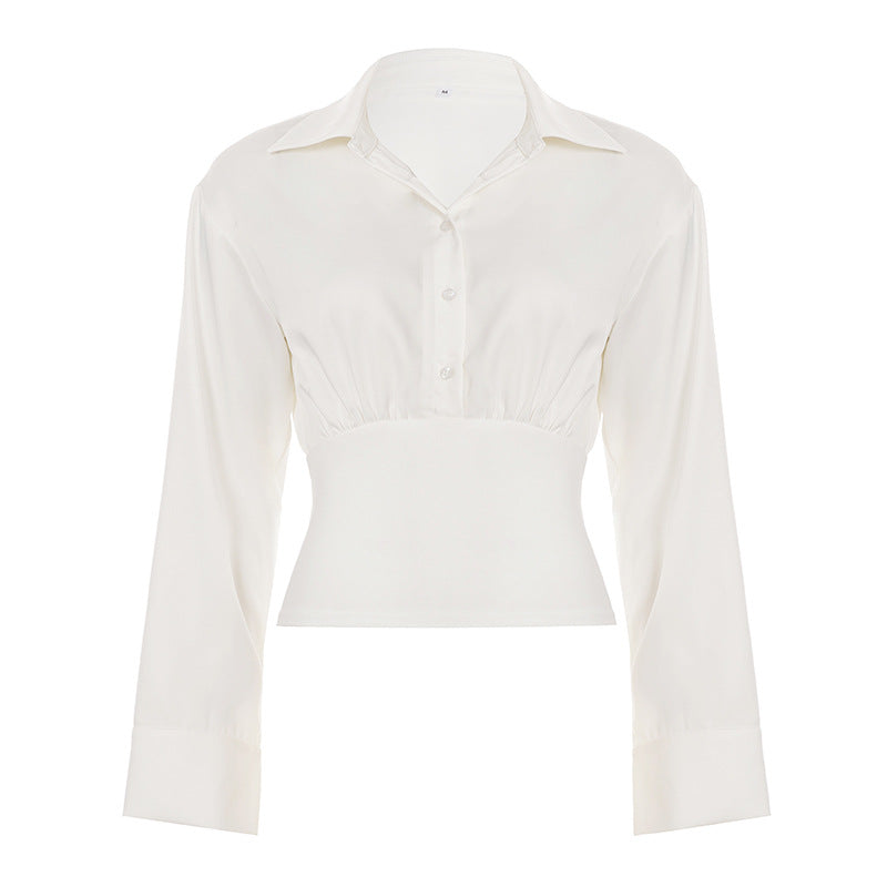 Summer Autumn Breasted Collared Sexy White Shirt Waist Controlled Slimming Long Sleeve T shirt