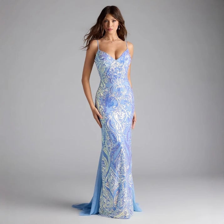 Damen Party V-Ausschnitt Blau Pailletten Sexy Abendkleid