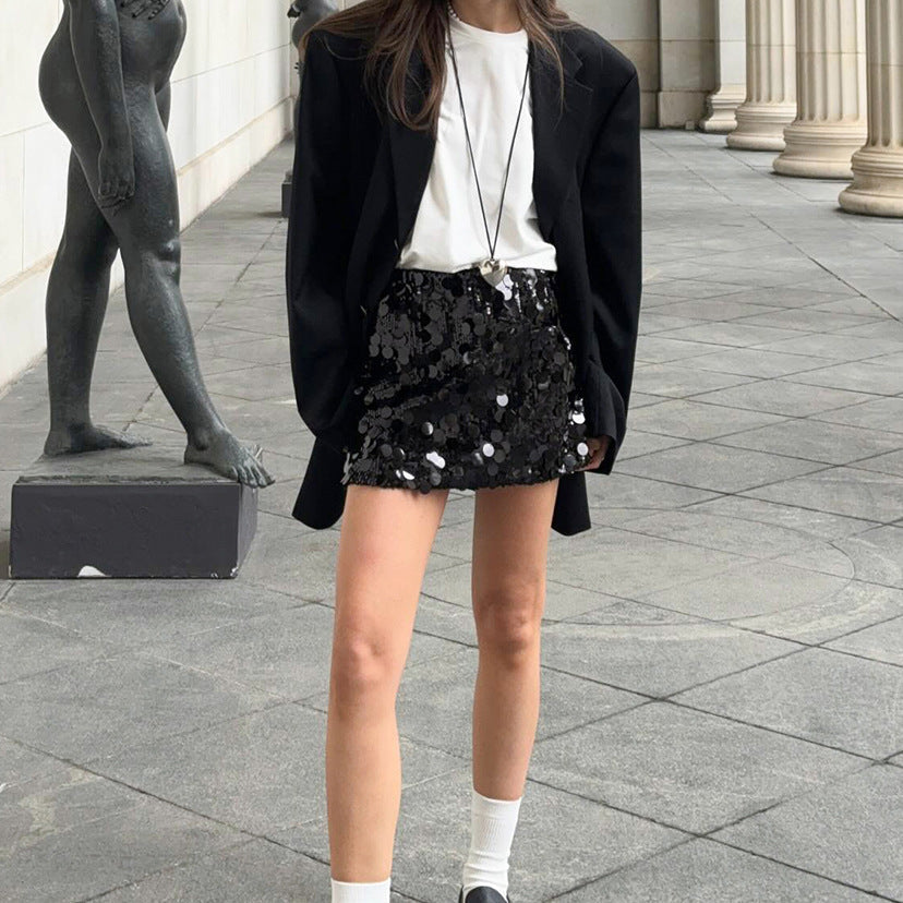 Women Clothing High Waist Sexy Sequin Sequined Slimming Skirt Slim Hip