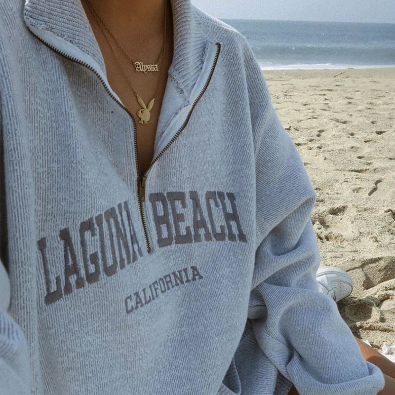 Lässiger Damen-Frühlings-Pullover mit Buchstaben-Stickerei und Reißverschluss, locker geschnitten