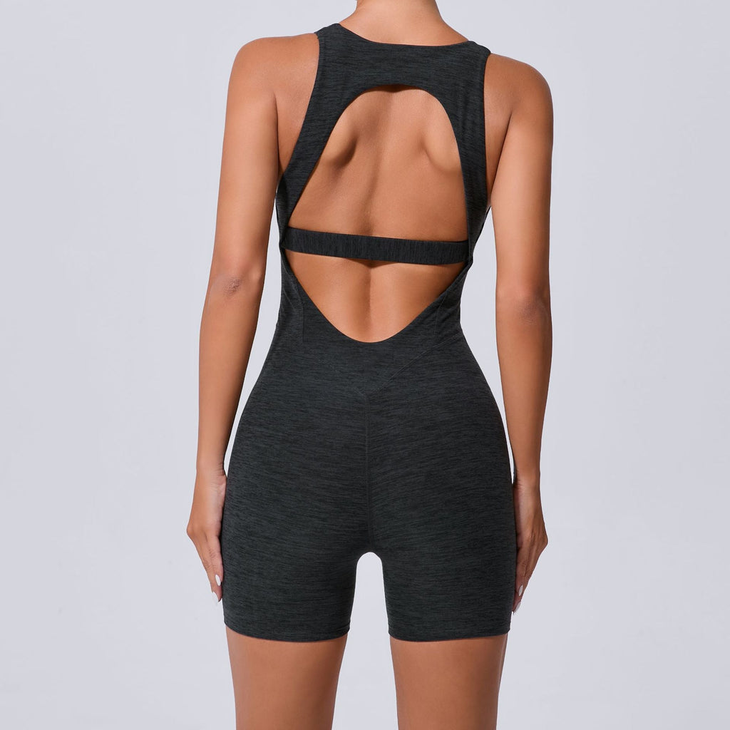 Herbst Sand Hollow Out Cutout Beauty Back Einteiliger Yoga Jumpsuit Skinny Schlankmachender Hüftstraffender Fitness Einteiler Sportbekleidung für Damen