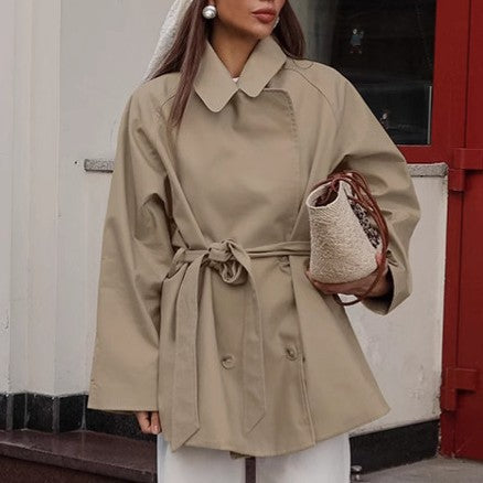 Grabenmantel Damen Mittellang Khaki Jacke Schnürung Herbst Langarm Mantel