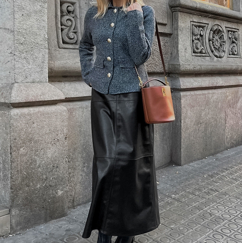 Retro Minimalistischer Hochtaillierter A-Linien Lederrock mit Fleecefutter, Rock aus Kunstleder mit Schlitz, Herbst Winter Maxi Damen