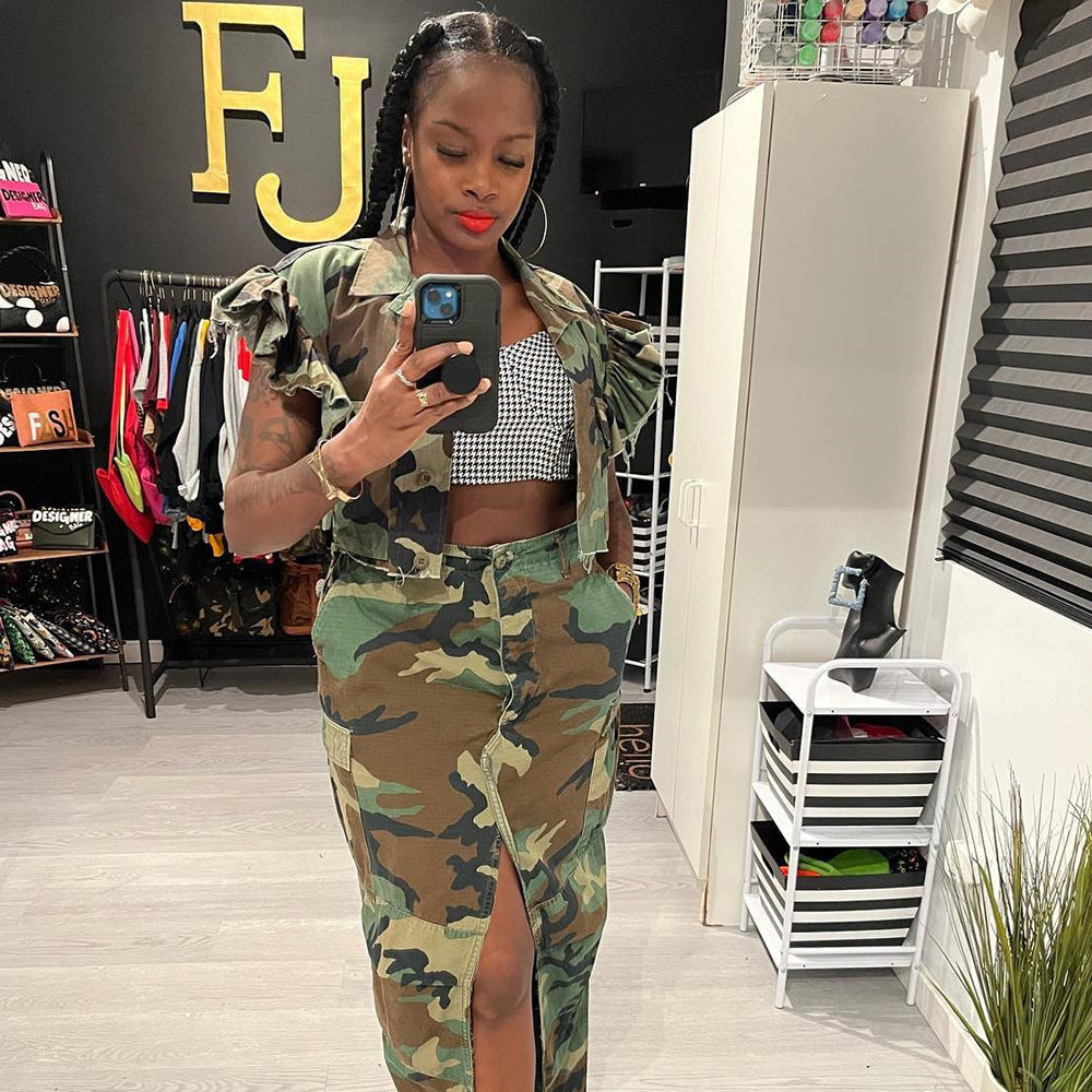 Camouflage Damen Kleidung Rüschenärmel Tasche Personalisierte Strickjacke Outdoor Kurzarm Damen Mantel