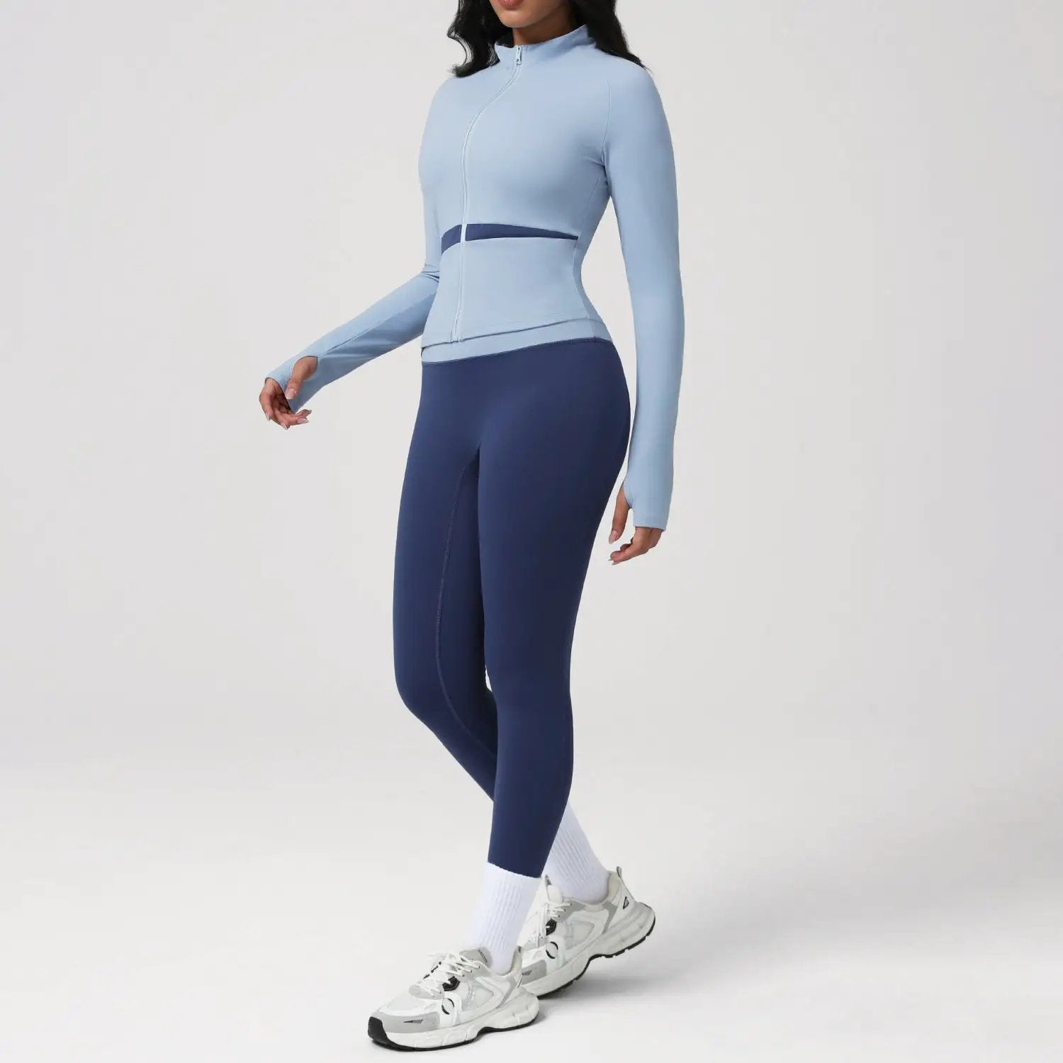 Contrast Color Yoga Women Long Sleeved Sports Bra Top Hip Lifting Tights Morning Running Step Fitness Set by Wanita Store