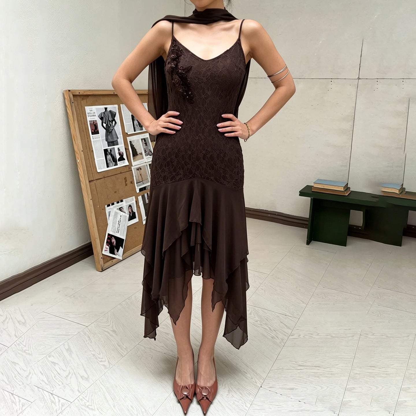 Artistic Applique Irregular Asymmetric Lace Scarf V neck Dress Backless Sexy Waste Soil Cami Dress
