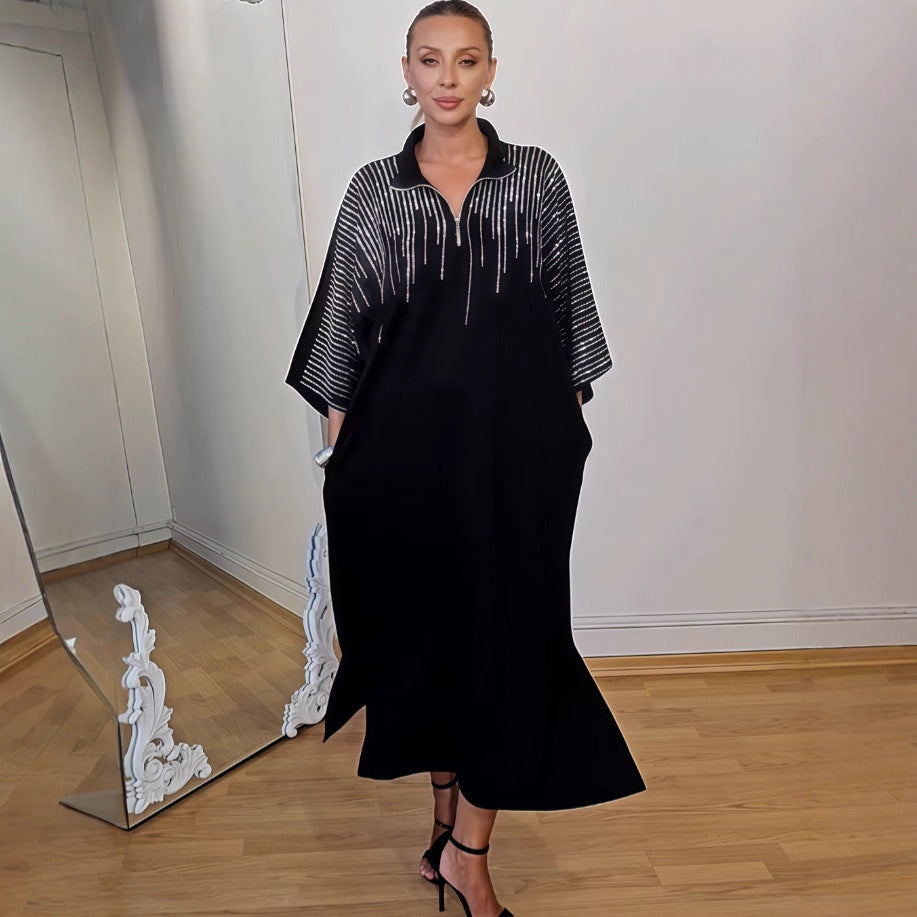 Herbst Bedrucktes Langes Locker Geschnittenes Damenkleid mit langen Ärmeln