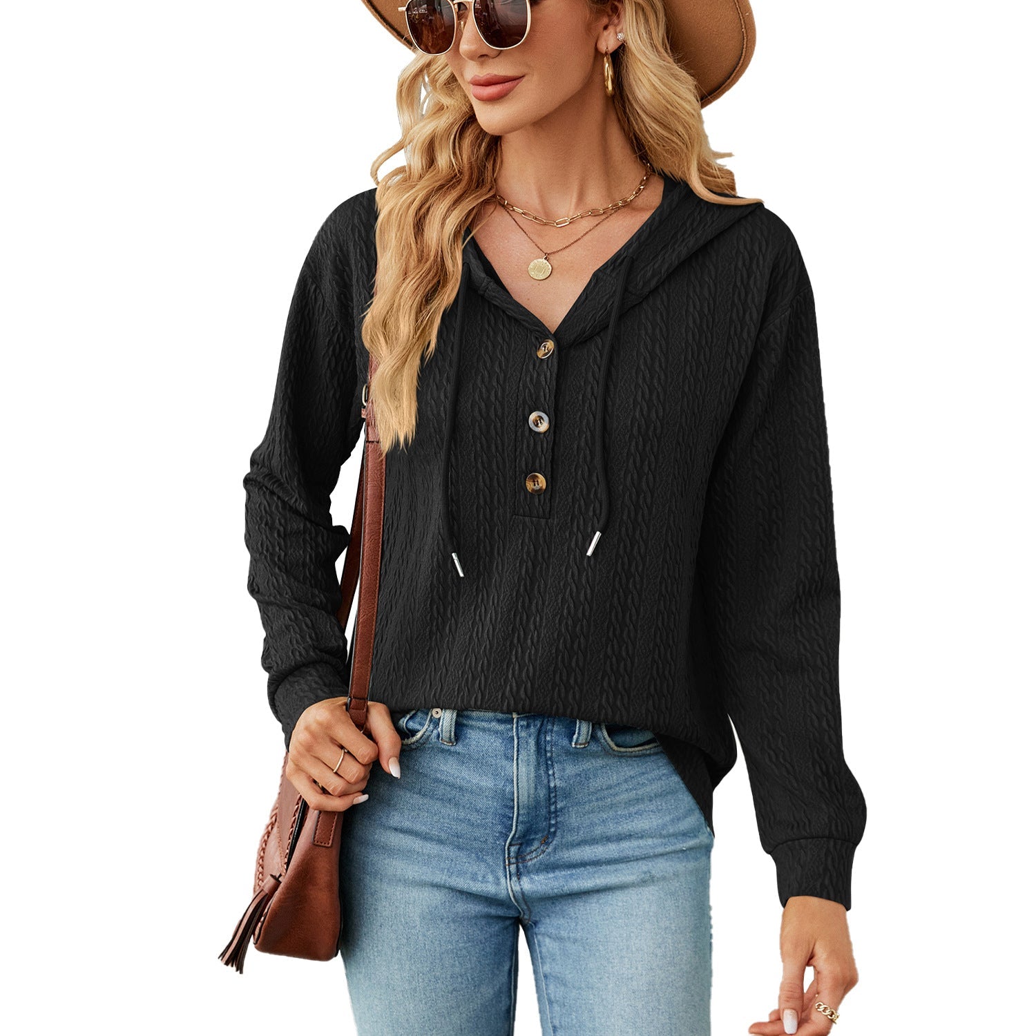 Herbst Winter Einfarbiger Kapuzenpullover mit Knöpfen, lockere lange Ärmel, Sweatshirt Damen Bekleidung
