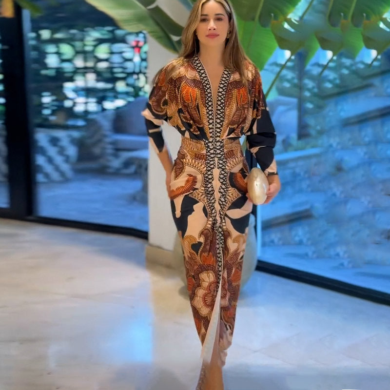 Frühlings-Damen-Kurzarm-V-Ausschnitt-schmales-Druckkleid