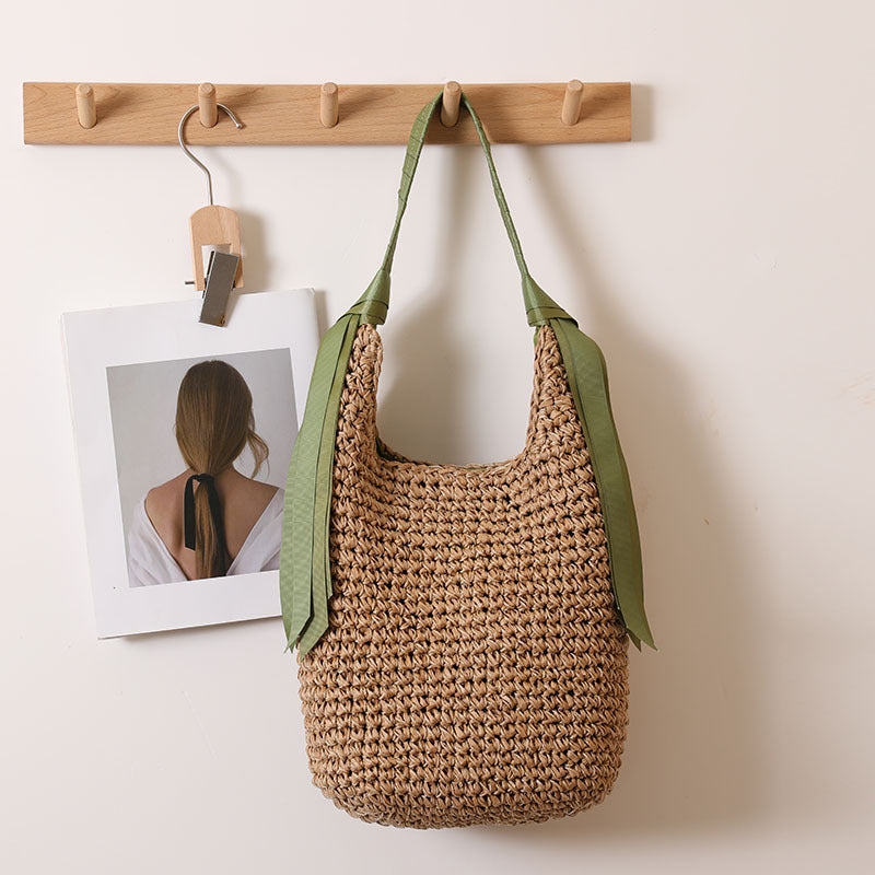 Schultertasche aus Stroh mit Band, großer Kapazität, einfarbig, gewebte Tasche, Strandtasche für den Urlaub am Meer, Korbtasche