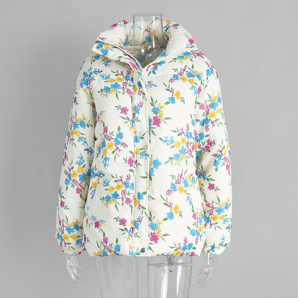 Printed Cotton Padded Jacket Coat Women Autumn Winter Stand Collar Zipper Cotton Padded Jacket Thermal Cotton Padded Coat Women