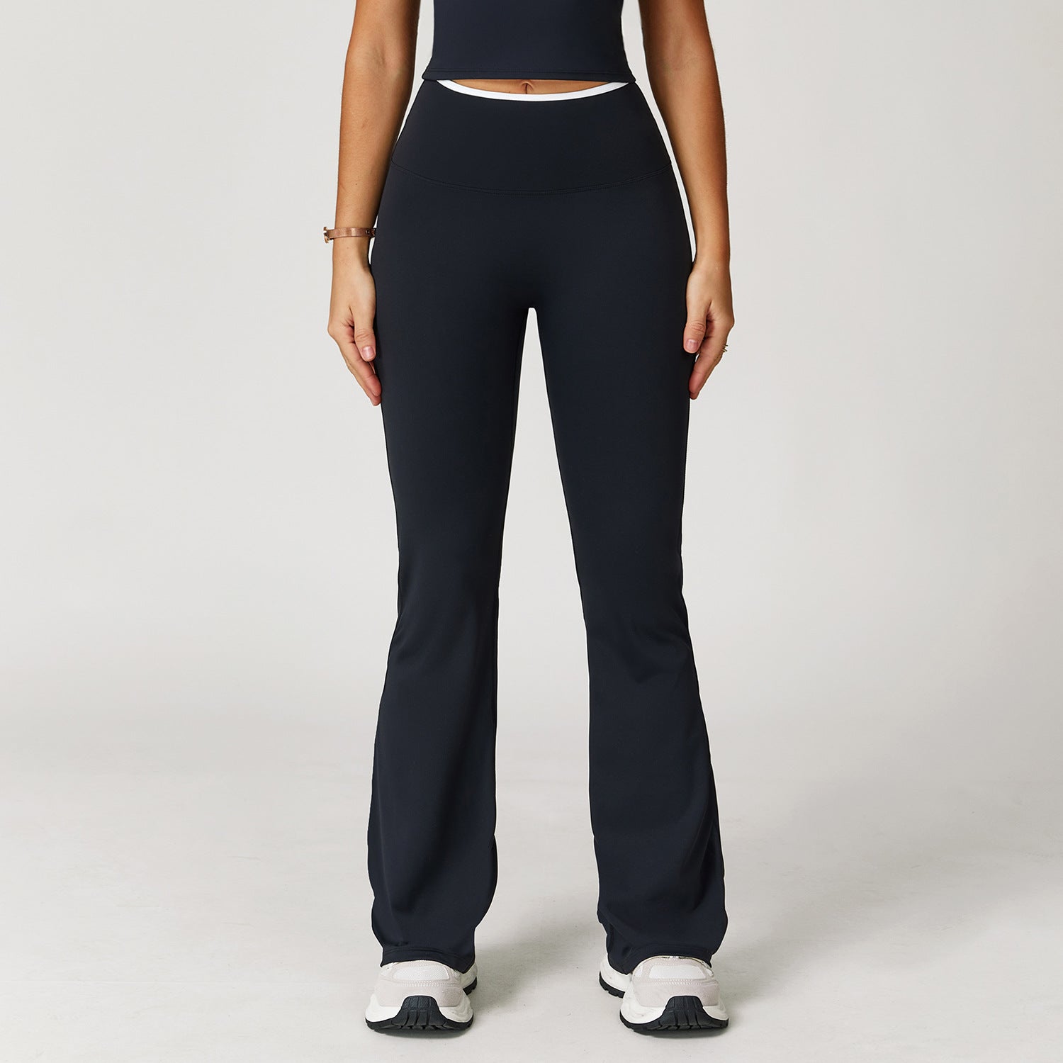 Nude Feel Sport-Schlaghose mit Kontrastfarbe, hoher Taille, schnelltrocknend, weitem Bein, Sport-Lauf-Fitness-Bootcut-Hose