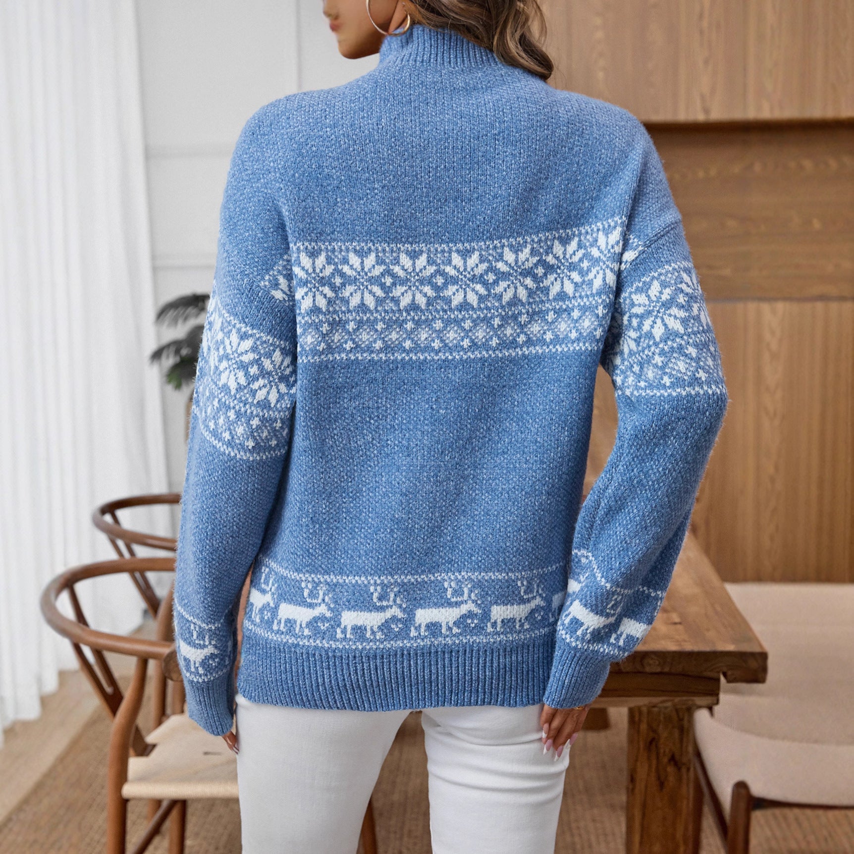 Weihnachts-Schneeflocken-Brokat-Pullover Damen Herbst Winter Halb-Rollkragen-Pullover Langarm-Pullover