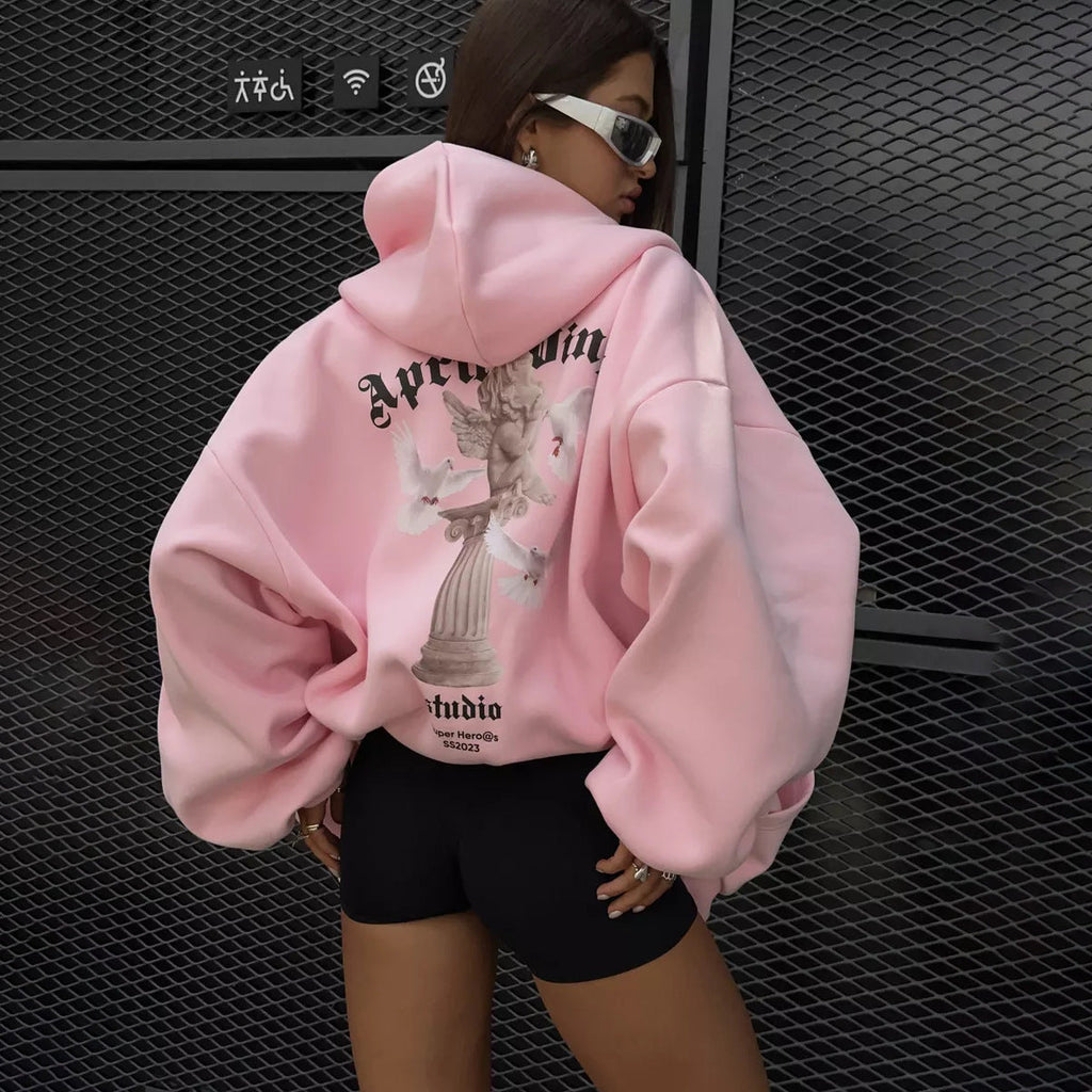 Lockere Persönlichkeit Trendiger Sexy Casual Pullover mit Engel-Print, Kapuze und Reißverschluss für Damen Frühling Herbst