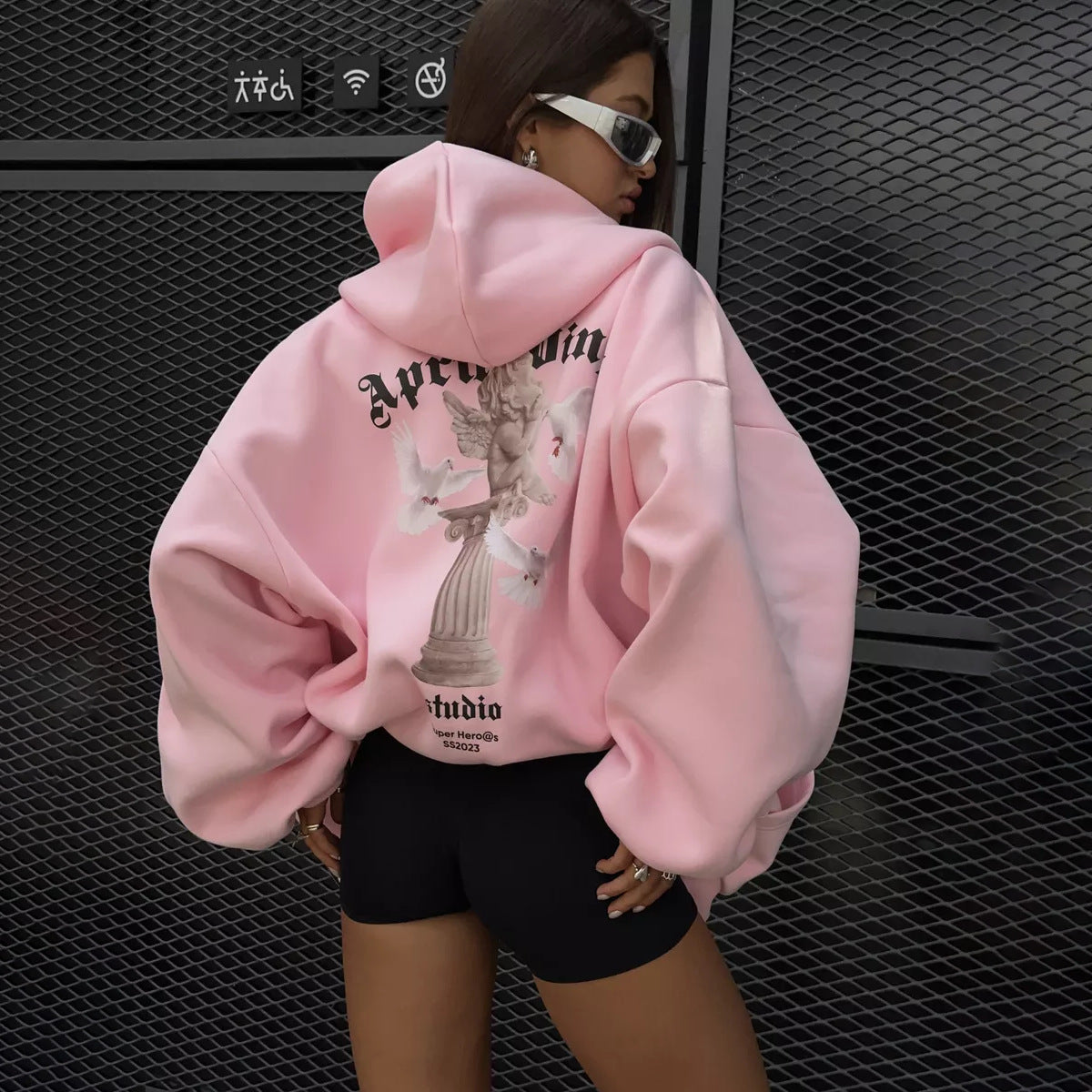 Lockere Persönlichkeit Trendiger Sexy Casual Pullover mit Engel-Print, Kapuze und Reißverschluss für Damen Frühling Herbst