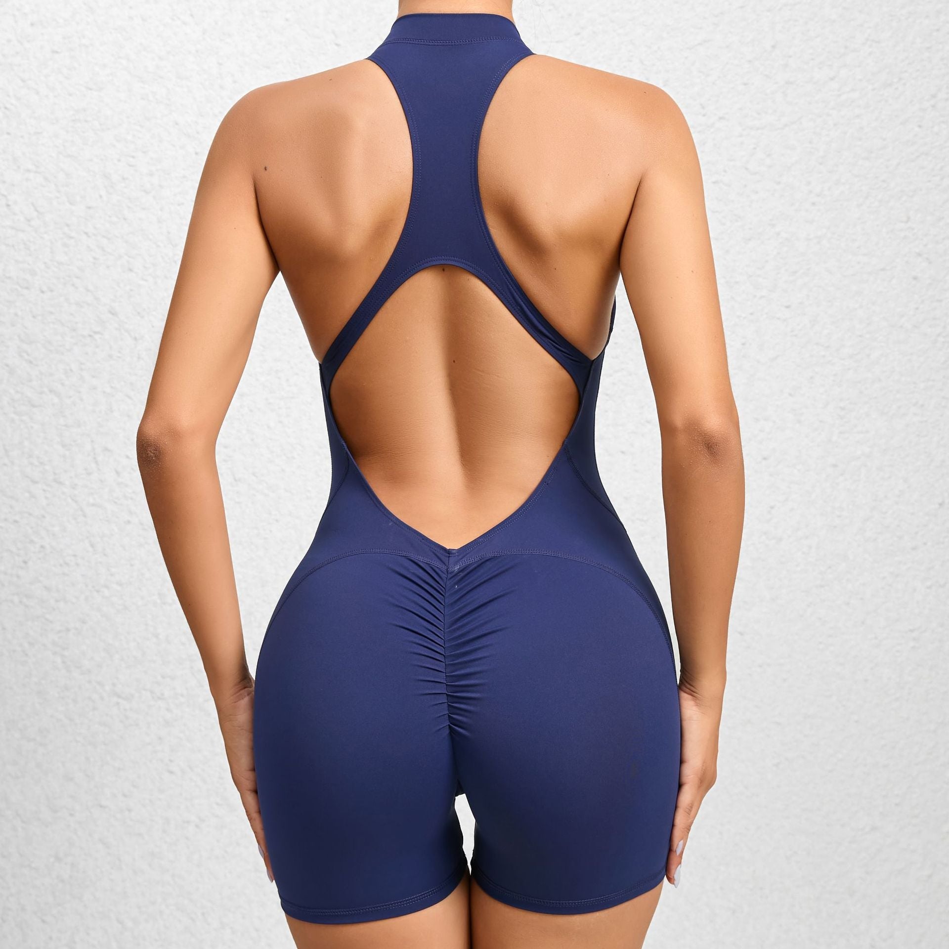 Non-Woven Enge Sporthose mit Reißverschluss Yoga-Hose Pfirsichpo Einteiliger schnelltrocknender plissierter Fitness-Jumpsuit