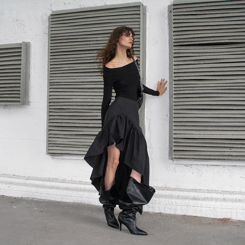 Herbst-Design High-Waist-Rock mit offenem Bein, Rüschen und unregelmäßigem asymmetrischem Schnitt aus Baumwolle für Damen
