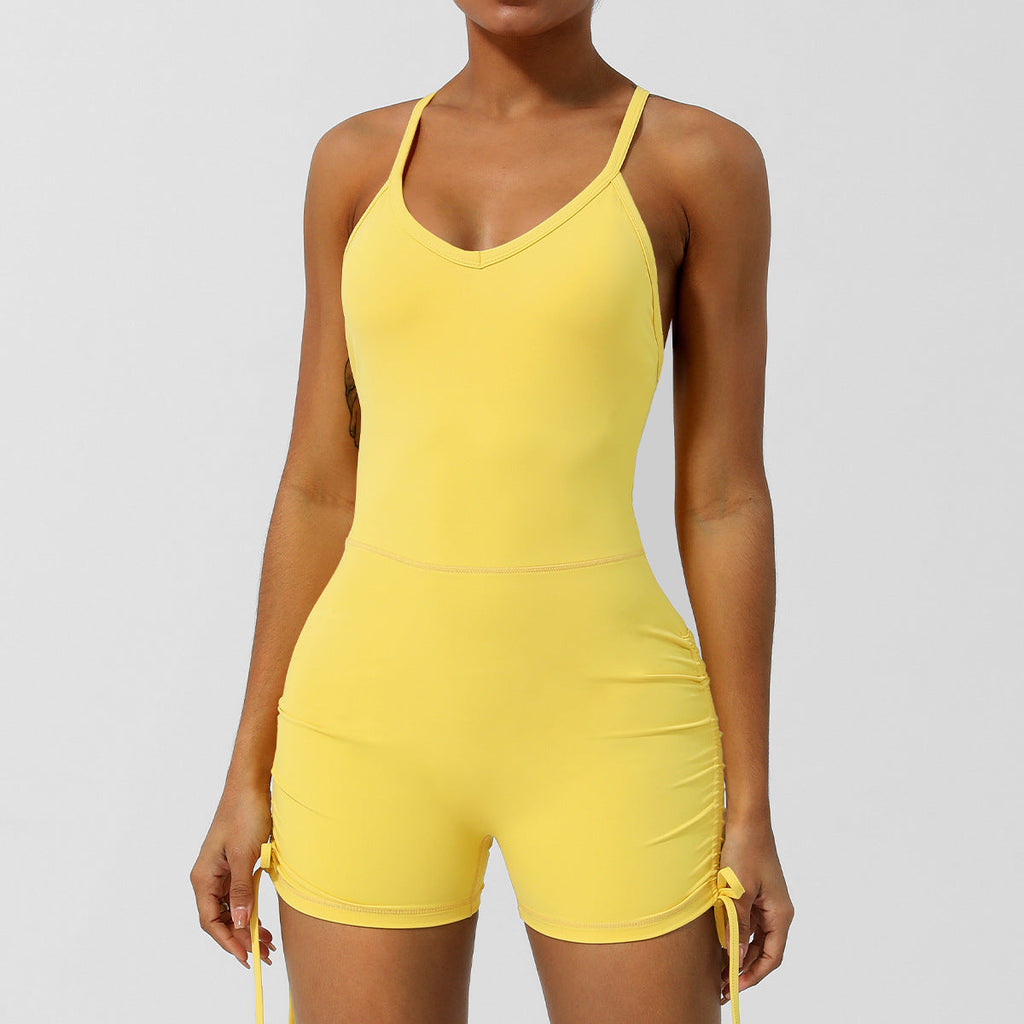 V Neck Jumpsuit Thin Strap Crossing Beauty Back Yoga Clothes Tight Shorts Sleeveless Leotard With Chest Pad