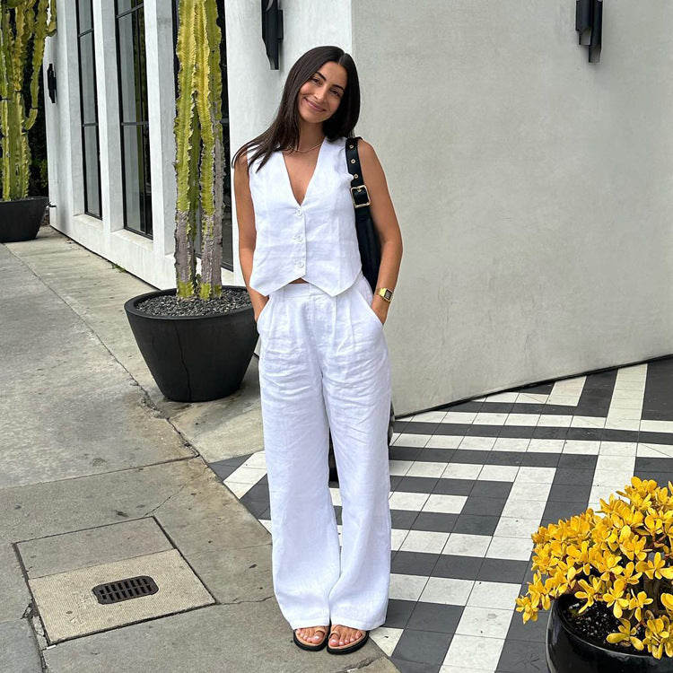 Damenbekleidung Sommer Baumwolle Leinen Ärmellose Weste Hose Zweiteiliges Set Damen Freizeit-Set