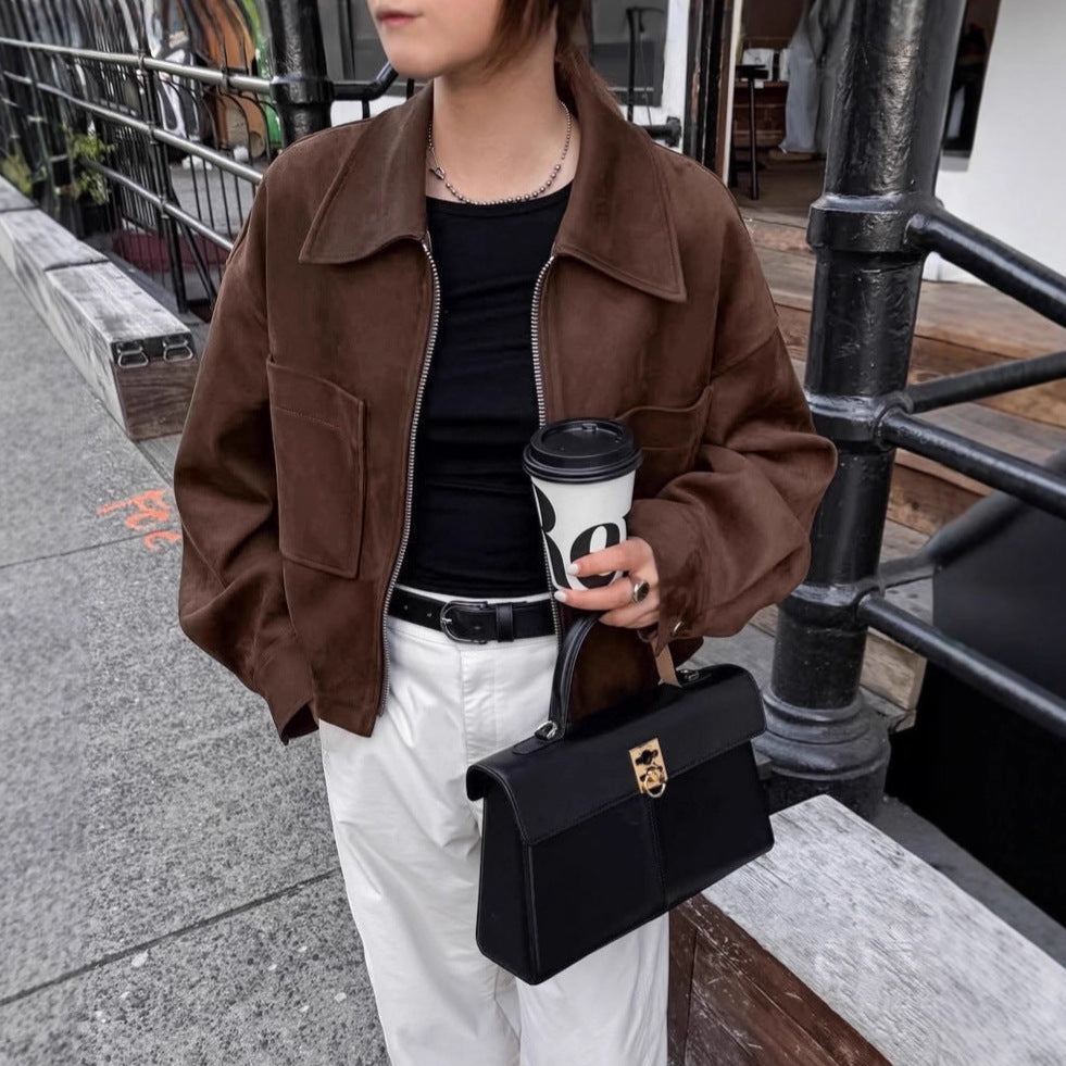 Herbst Winter Langarm Wildleder Mantel Braun Kleiner Business Anzug Reißverschluss Oberteil Jacke Damen Kleidung